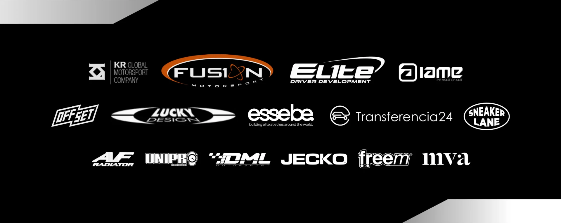DML85 partners: KR Global Motorsport, Fusion Motorsport, Elite Driver Development, IAME, OFFSET, Lucky Design, Essebe, Transferencia24, Sneaker Lane, AF Radiator, Unipro, DML Motorsport, Jecko, Freem, MVA