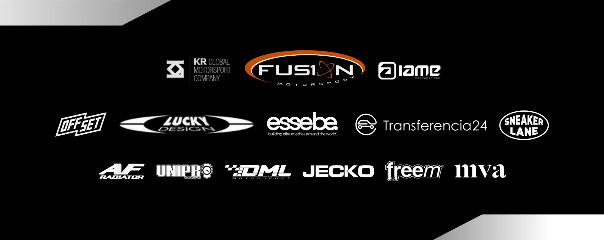 DML85 partners: KR Global Motorsport, Fusion Motorsport, IAME, 273, Lucky Design, Essebe, Transferencia24, Sneaker Lane, AF Radiator, Unipro, DML Motorsport, Jecko, Freem, MVA